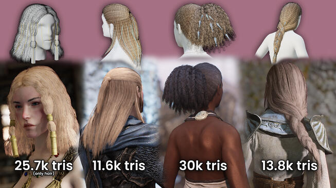 rendered hair card textures & hand placed curves in Blender, [playable in Skyrim](https://www.nexusmods.com/skyrimspecialedition/mods/93608) with bone physics.