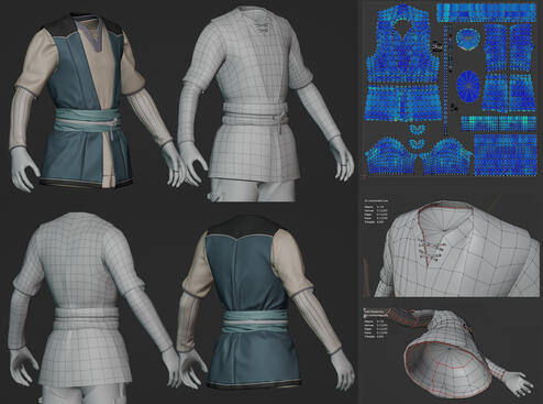 hi-poly & low-poly (budget of 4-5k tris) quality check-in before texturing. simulated in marvelous designer, retopologized in blender / january 2025