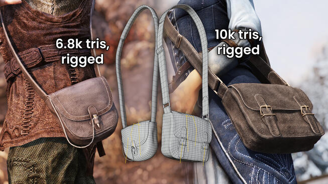 fully poly-modeled outfit in Blender, baked & textured in Substance, playable in Skyrim (not released yet!) with bone physics on the full satchel + belts & flaps.