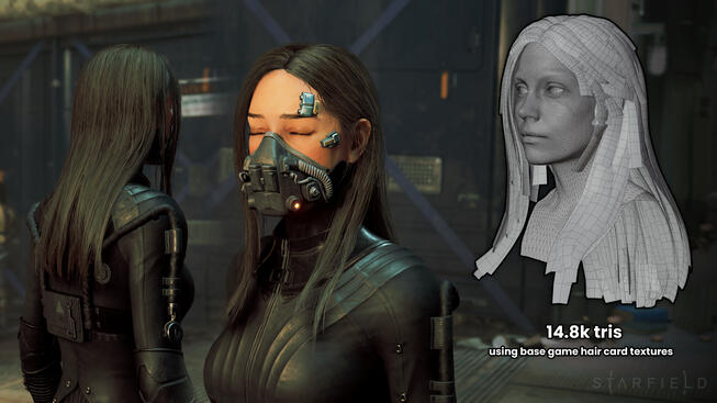 hand placed curves-to-hair-cards in Blender, playable in Starfield / august 2024