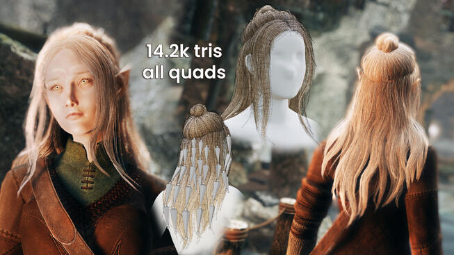 rendered hair card textures & hand placed curves in Blender, [playable in Skyrim](https://www.nexusmods.com/skyrimspecialedition/mods/93608) with bone physics.