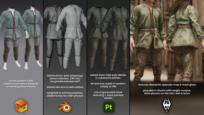 designed in marvelous designer, retopologized in blender, textured in substance painter, playable in skyrim (unreleased!)