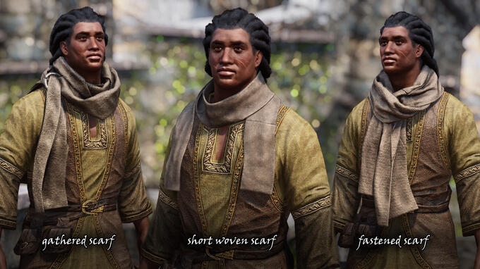 All scarves in-game. Simulated in Marvelous Designer, retopologized and rigged in Blender.