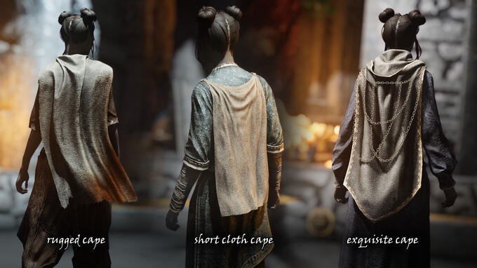 All capes in-game. 'Short Cloth Cape' was poly-modelled in Blender, while 'Rugged Cape' and 'Exquisite Cape' were simulated in Marvelous Designer.