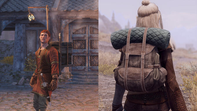 'Trader's Resource' on an NPC and 'Reinforced Backpack' in-game.