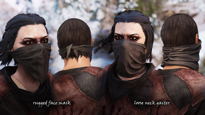 Face masks in-game. Simulated in Marvelous Designer, retopologized and rigged in Blender.